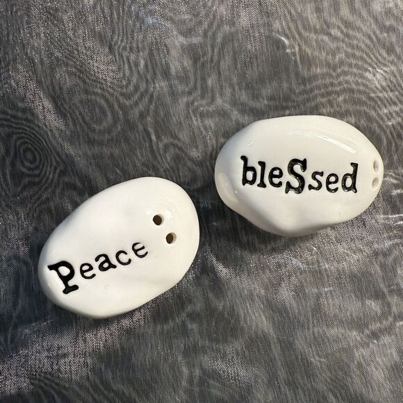 PS Peace Blessed Mini Salt & Pepper Shakers Religious Themed Minimalist White 2” - Picture 1 of 6